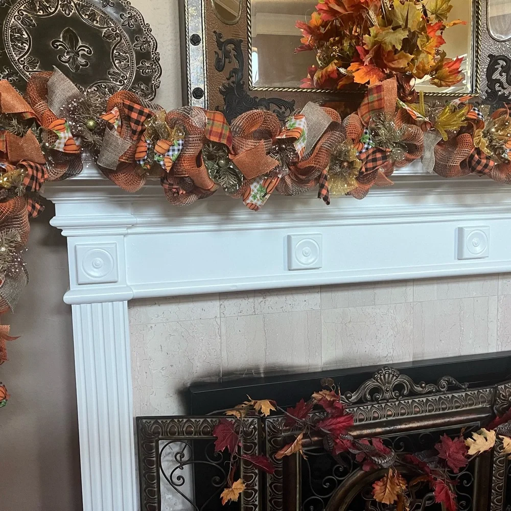 Fall Thanksgiving Autumn 9’ Fireplace Door GARLAND Pumpkin MATCH WREATH AVAIL